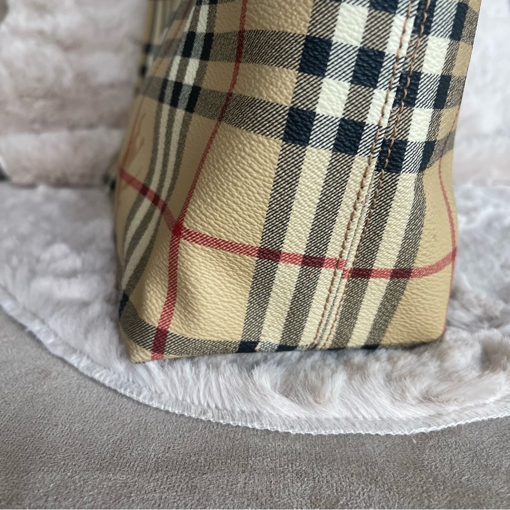 Burberry Tan Plaid Canvas Tote with Brown Leather Handles - Picture 2 of 11